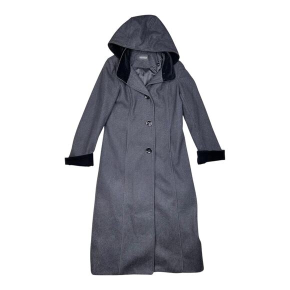 Donnybrook Coat Womens Large Wool Blend Hooded Velvet Trim Button Front Long - Picture 1 of 14